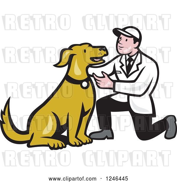 Vector Clip Art of Retro Cartoon Male Veterinarian Kneeling and Looking at a Dog