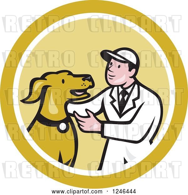 Vector Clip Art of Retro Cartoon Male Veterinarian Kneeling and Looking at a Dog in a Circle