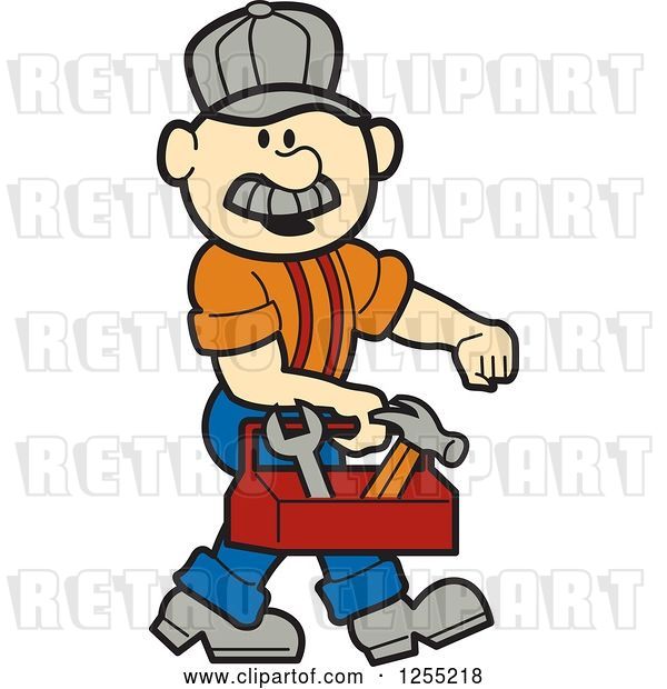Vector Clip Art of Retro Cartoon Male White Handyman Carrying a Tool Box