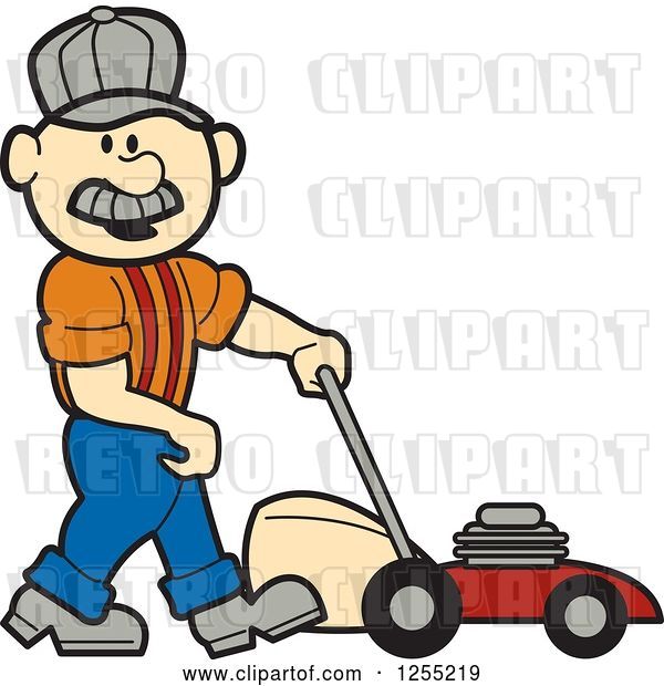 Vector Clip Art of Retro Cartoon Male White Handyman with a Lawn Mower