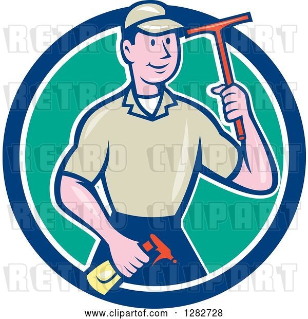 Vector Clip Art of Retro Cartoon Male Window Washer Holding a Spray Bottle and Squeegee in a Blue White and Turquoise Circle