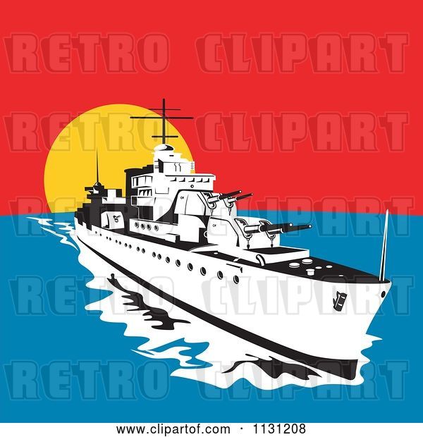 Vector Clip Art of Retro Cartoon Military Battleship with Big Guns at Sunset