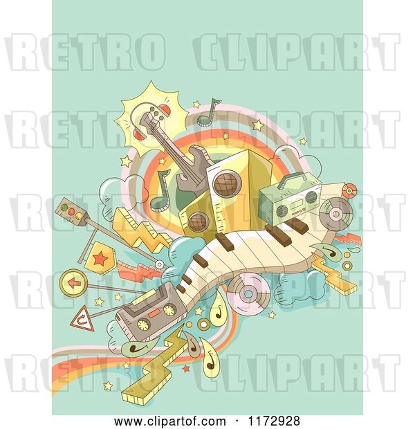 Vector Clip Art of Retro Cartoon Music Background with Instruments and Transportation Doodles on Green