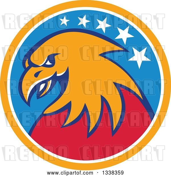 Vector Clip Art of Retro Cartoon Orange and Red American Bald Eagle Head in an Orange White and Blue Circle with Stars
