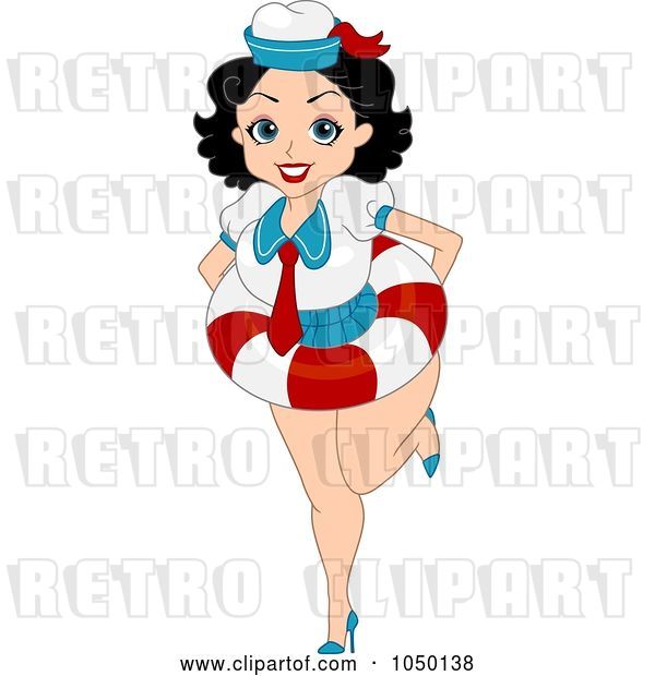 Vector Clip Art of Retro Cartoon Pinup Sailor Lady Wearing a Life Buoy