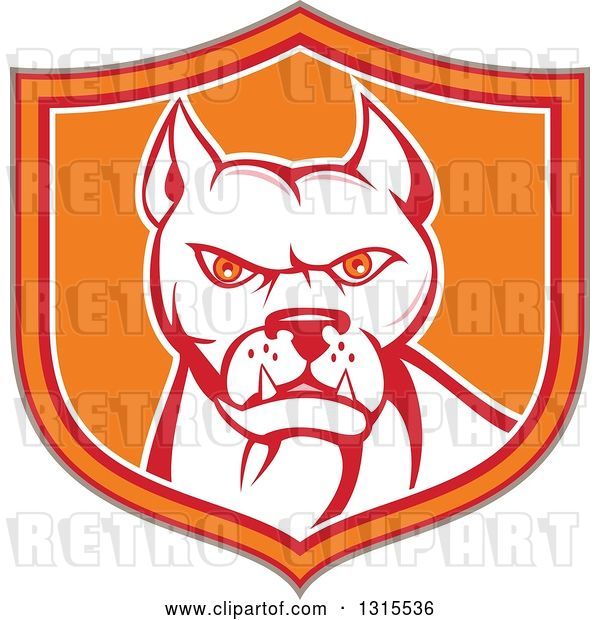 Vector Clip Art of Retro Cartoon Pitbull Guard Dog in a Tan Red Orange and White Shield