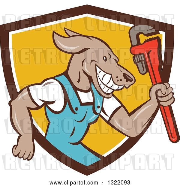 Vector Clip Art of Retro Cartoon Plumber Dog Holding up a Monkey Wrench in a Brown White and Yellow Shield