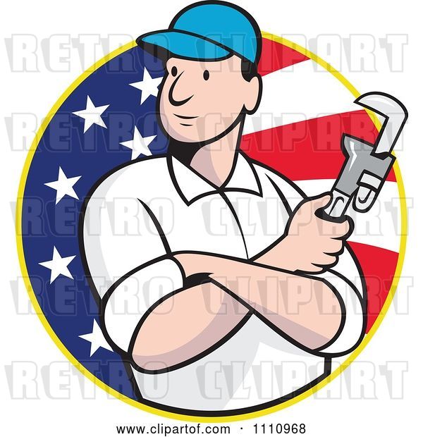Vector Clip Art of Retro Cartoon Plumber Holding a Monkey Wrench over an American Flag Circle
