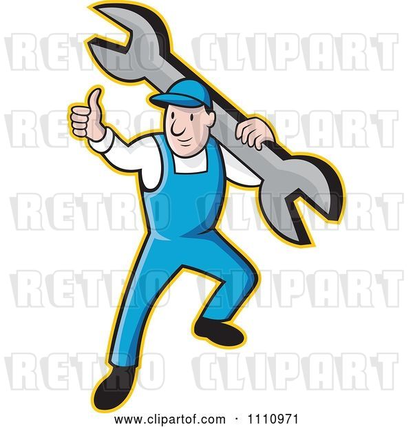 Vector Clip Art of Retro Cartoon Plumber Holding a Thumb up and Carrying a Wrench