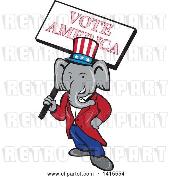 Vector Clip Art of Retro Cartoon Political Republican Elephant Holding a Vote American Sign