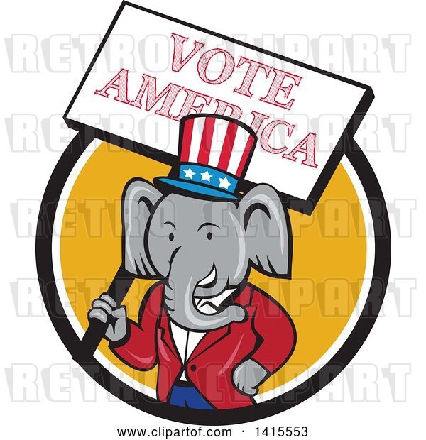 Vector Clip Art of Retro Cartoon Political Republican Elephant Holding a Vote American Sign in a Black White and Yellow Circle