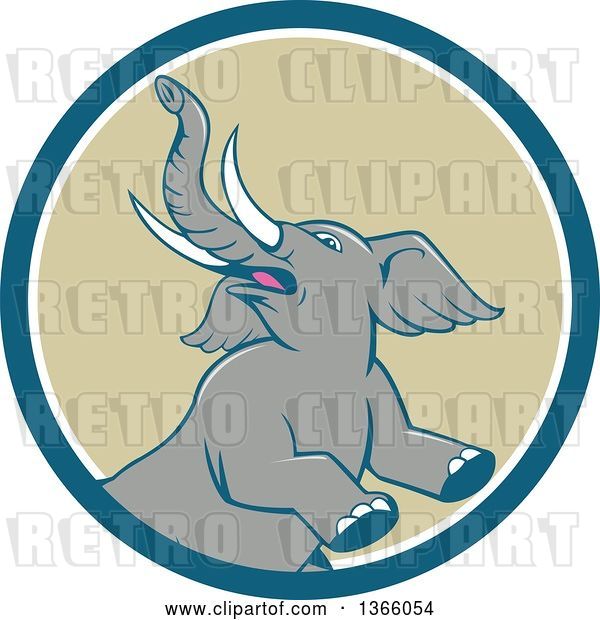 Vector Clip Art of Retro Cartoon Prancing and Rearing Elephant in a Blue White and Tan Circle