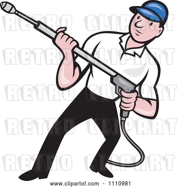 Vector Clip Art of Retro Cartoon Pressure Washer Worker Holding a Nozzle