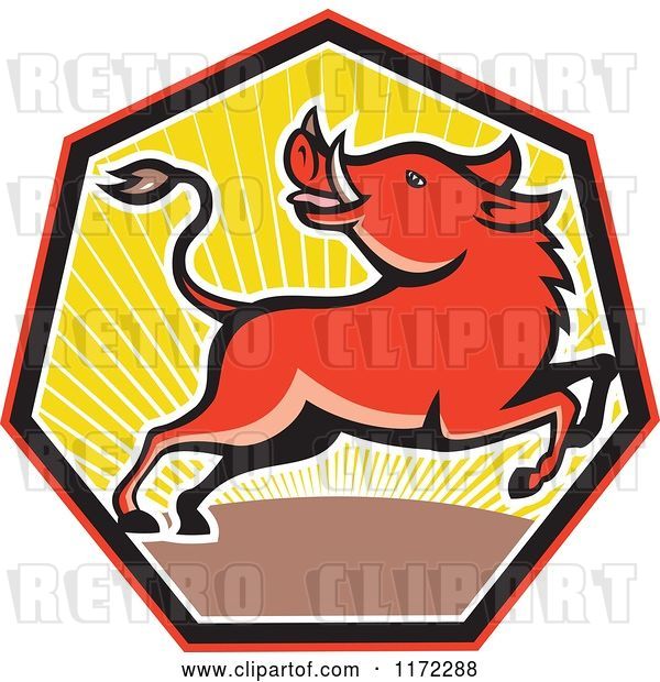 Vector Clip Art of Retro Cartoon Razorback Boar Leaping and Looking Back in a Sunset Heptagon