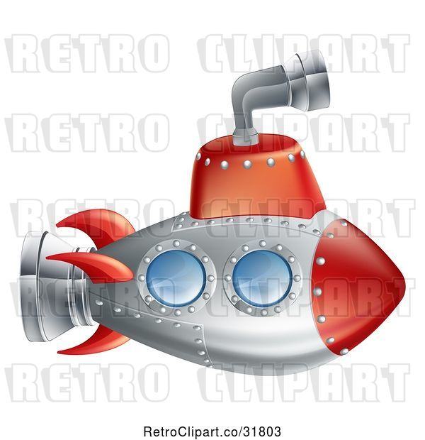 Vector Clip Art of Retro Cartoon Red and Silver Submarine with a Periscope