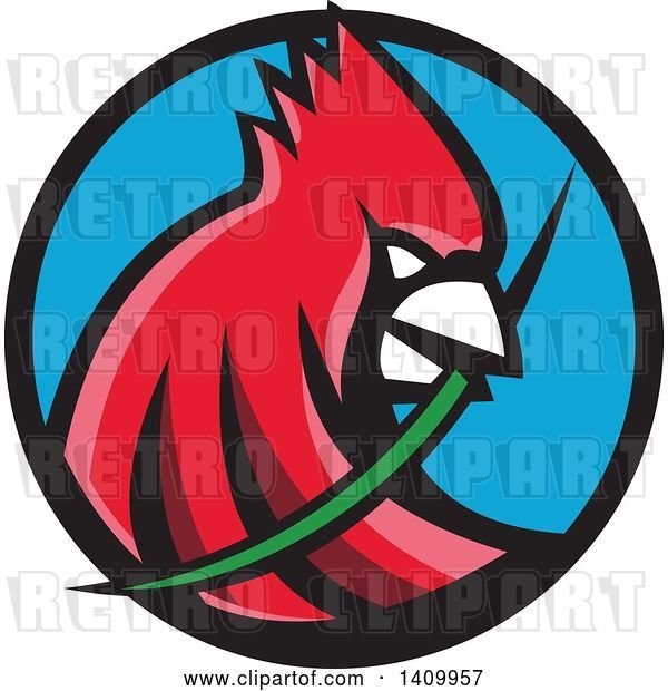 Vector Clip Art of Retro Cartoon Red Cardinal Bird with a Blade of Grass in His Mouth