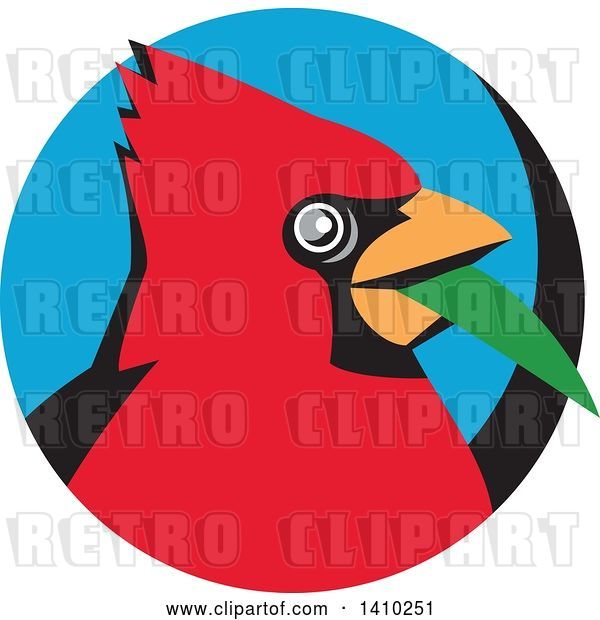 Vector Clip Art of Retro Cartoon Red Cardinal Bird with a Blade of Grass in His Mouth, in a Black and Blue Circle