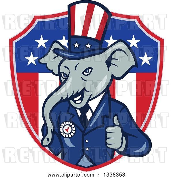 Vector Clip Art of Retro Cartoon Republican GOP Party Elephant Uncle Sam Giving a Thumb up and Emerging from an American Shield