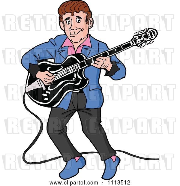Vector Clip Art of Retro Cartoon Rockabilly Musician Guy Playing a Guitar
