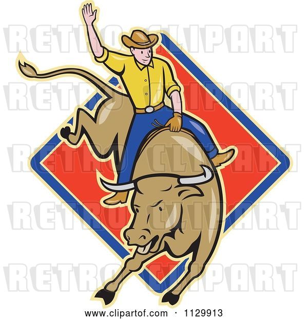 Vector Clip Art of Retro Cartoon Rodeo Cowboy on a Bucking Bull over a Diamond