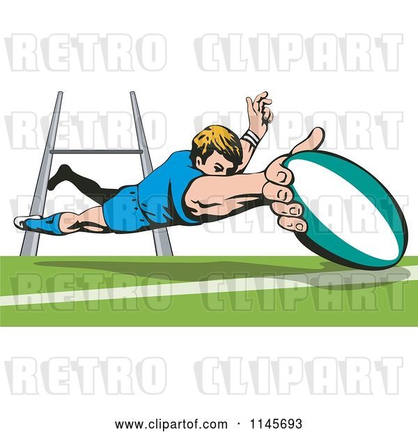 Vector Clip Art of Retro Cartoon Rugby Player Diving 1