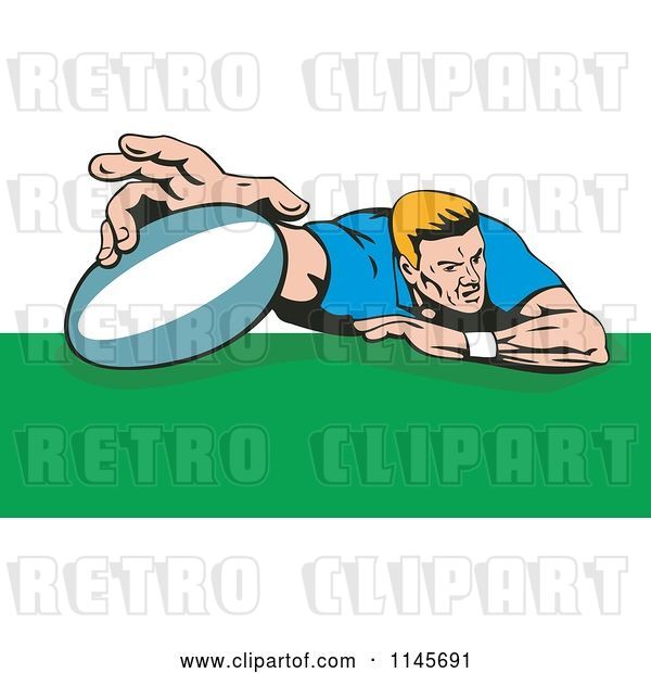 Vector Clip Art of Retro Cartoon Rugby Player Diving 2