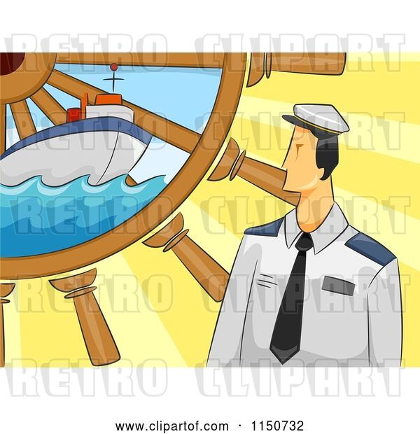 Vector Clip Art of Retro Cartoon Sailor with a Ship and Helm