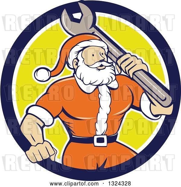 Vector Clip Art of Retro Cartoon Santa Claus Mechanic with a Giant Wrench in a Blue White and Yellow Circle