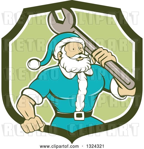 Vector Clip Art of Retro Cartoon Santa Claus Mechanic with a Giant Wrench in a Green and White Shield