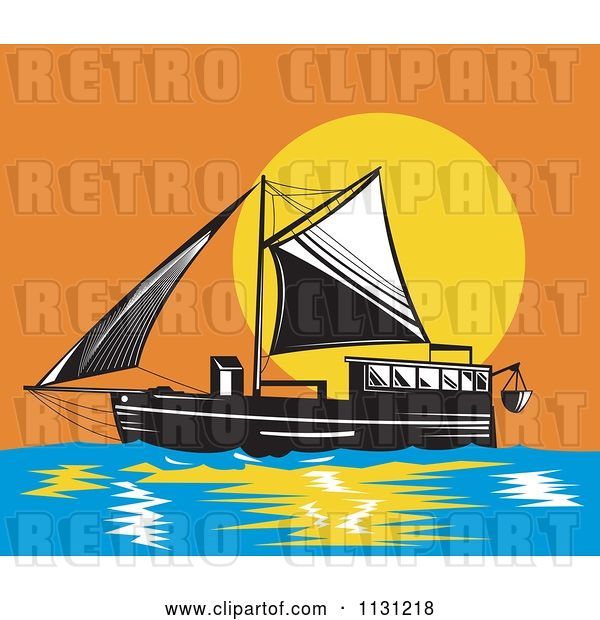 Vector Clip Art of Retro Cartoon Schooner Boat at Sunset
