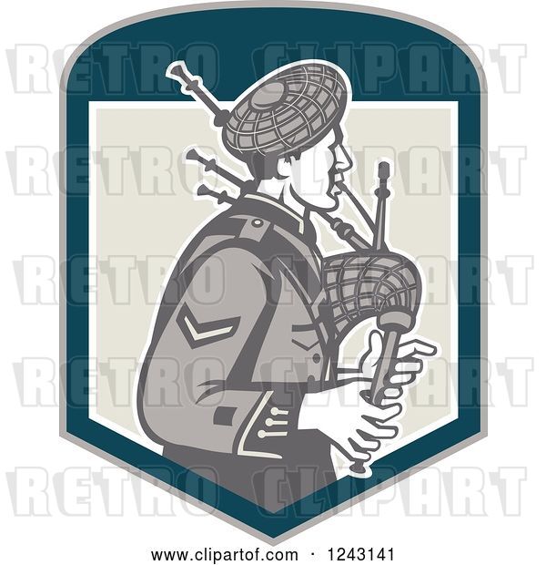 Vector Clip Art of Retro Cartoon Scotsman Playing Bagpipes in a Shield