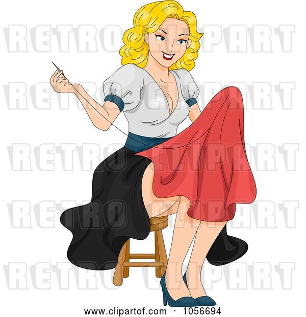 Vector Clip Art of Retro Cartoon Sexy Blond Pinup Lady Sewing