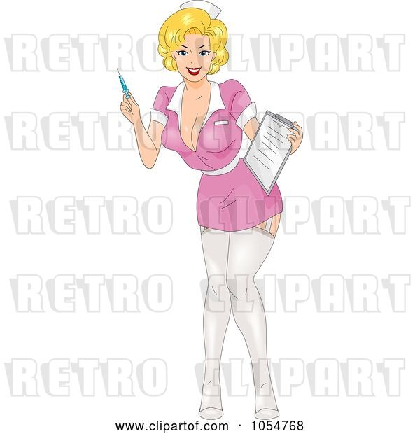 Vector Clip Art of Retro Cartoon Sexy Female Nurse Pinup Holding a Syringe and Chart