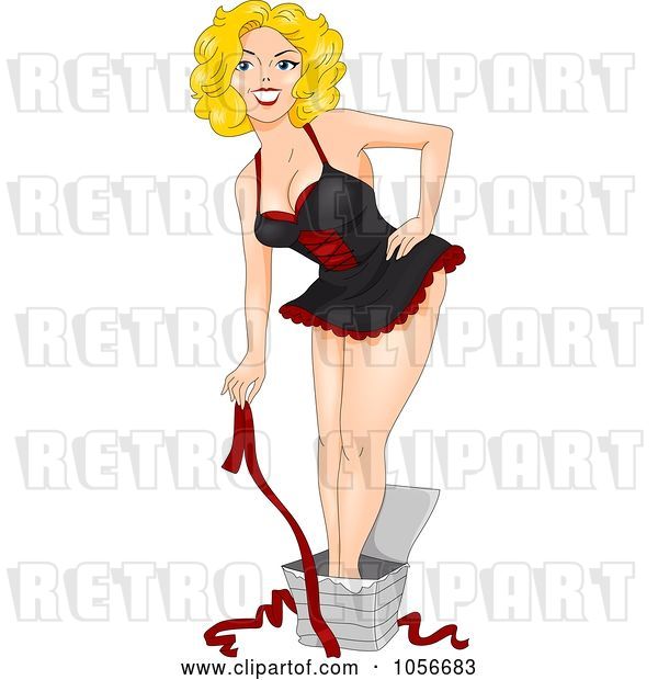 Vector Clip Art of Retro Cartoon Sexy Pinup Lady Opening Herself As a Gift