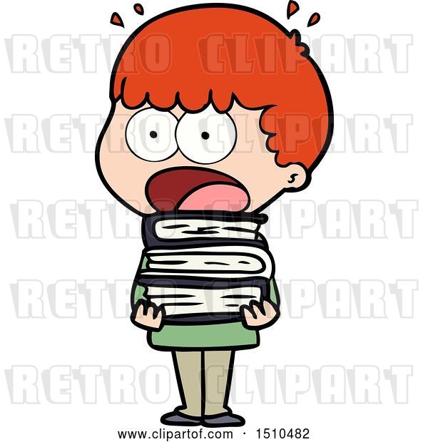 Vector Clip Art of Retro Cartoon Shocked Boy with Stack of Books