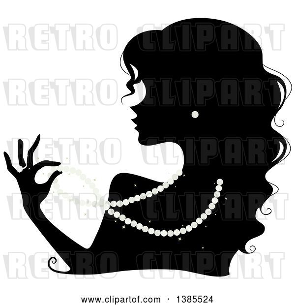 Vector Clip Art of Retro Cartoon Silhouetted Lady Wearing a Pearl Necklace, Ring and Earrings