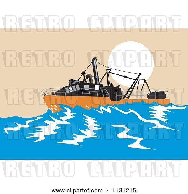 Vector Clip Art of Retro Cartoon Sinking Fishing Boat at Sea