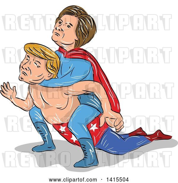 Vector Clip Art of Retro Cartoon Sketched Caricature of Hillary Clinton Wrestling Donald Trump and Holding Him in a Headlock