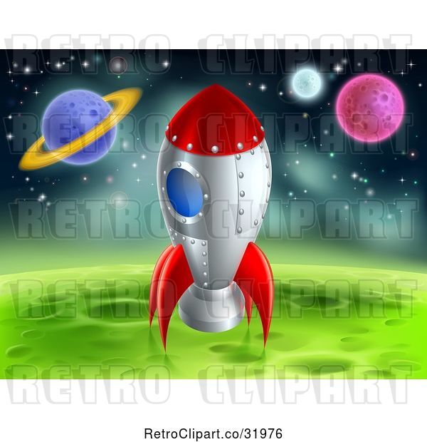 Vector Clip Art of Retro Cartoon Space Rocket Resting on a Green Planet