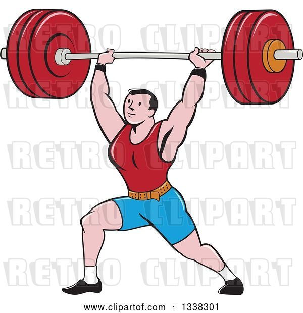 Vector Clip Art of Retro Cartoon Strongman Bodybuilder Doing Lunges with a Barbell over His Head