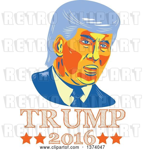 Vector Clip Art of Retro Cartoon Styled Portrait of Republican Presidential Nominee Donald Trump over Text
