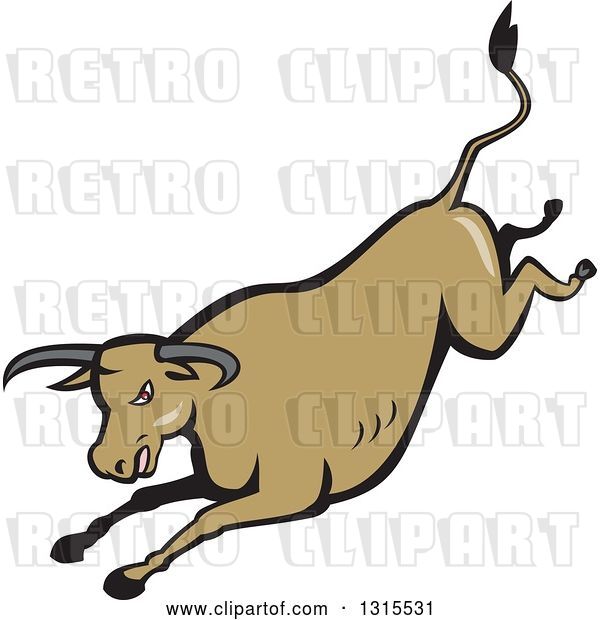 Vector Clip Art of Retro Cartoon Styled Running Brown Texas Longhorn Bull