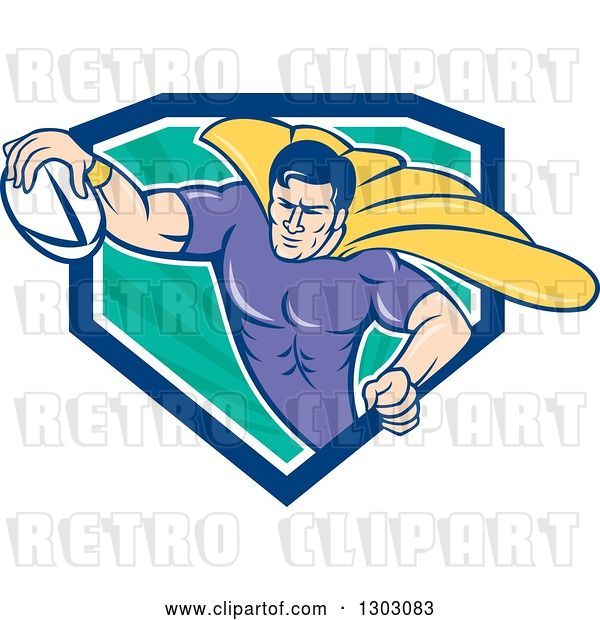 Vector Clip Art of Retro Cartoon Super Hero Flying with a Rugby Ball and Emerging from a Blue White and Turquoise Ray Shield