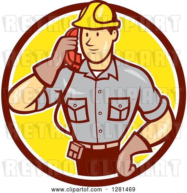 Vector Clip Art of Retro Cartoon Telephone Repair Guy Listening to a Receiver in a Brown White and Yellow Circle