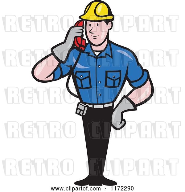 Vector Clip Art of Retro Cartoon Telephone Service Repair Guy Holding a Receiver