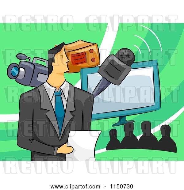 Vector Clip Art of Retro Cartoon Televison Host with a Microphone Camera and Monitor