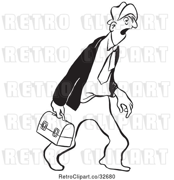 Vector Clip Art of Retro Cartoon Tired Business Man Carrying a Lunch Box