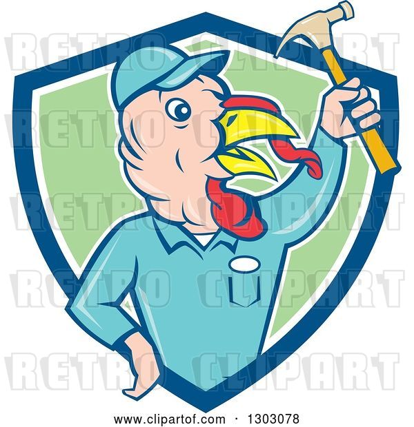 Vector Clip Art of Retro Cartoon Turkey Bird Builder Worker Holding up a Hammer in a Blue White and Green Shield