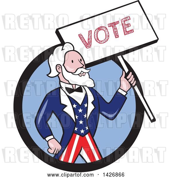 Vector Clip Art of Retro Cartoon Uncle Sam Holding up a Vote Sign, Emerging from a Black and Blue Circle