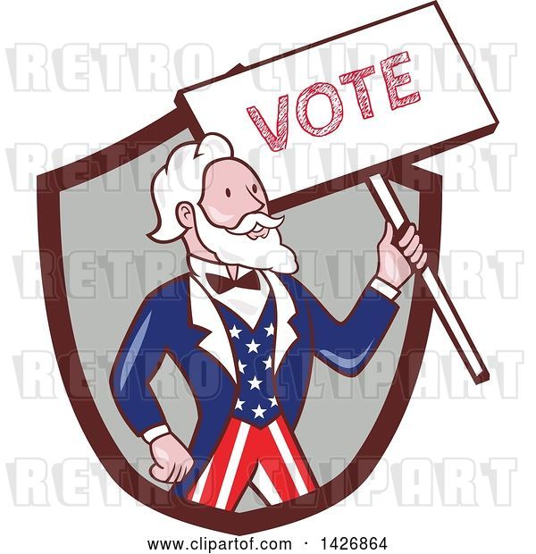 Vector Clip Art of Retro Cartoon Uncle Sam Holding up a Vote Sign, Emerging from a Brown and Gray Shield